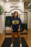 NEW- SHORT STACK TEE. Navy/ Mustard